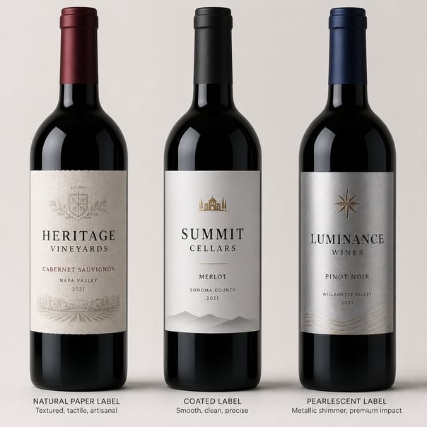 Comparação de rótulos de vinho em papel texturado, revestido e perolado em garrafas de vinho
